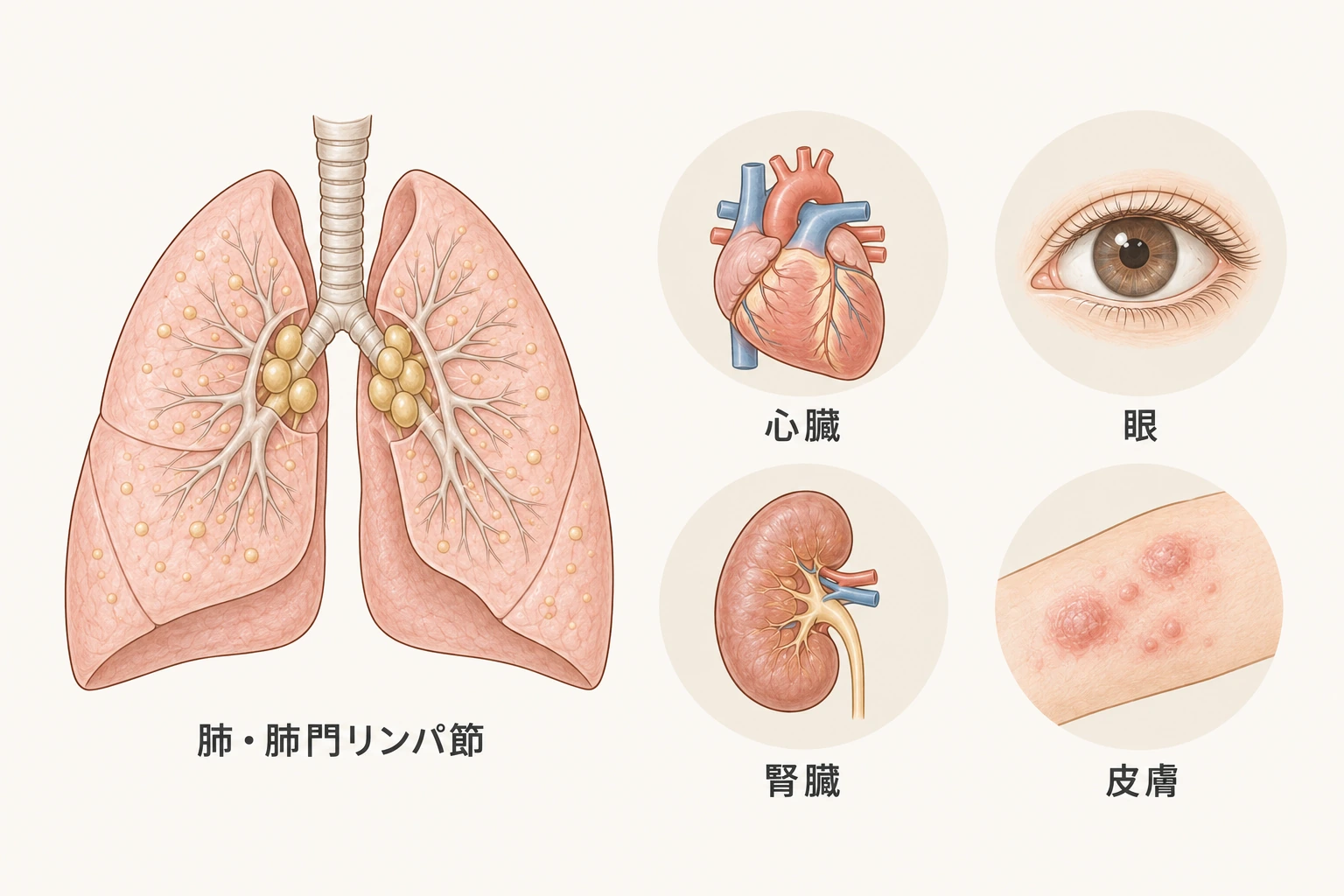 肺の肉芽腫と、心臓・眼・腎臓・皮膚の病変を示すサルコイドーシスの説明図。