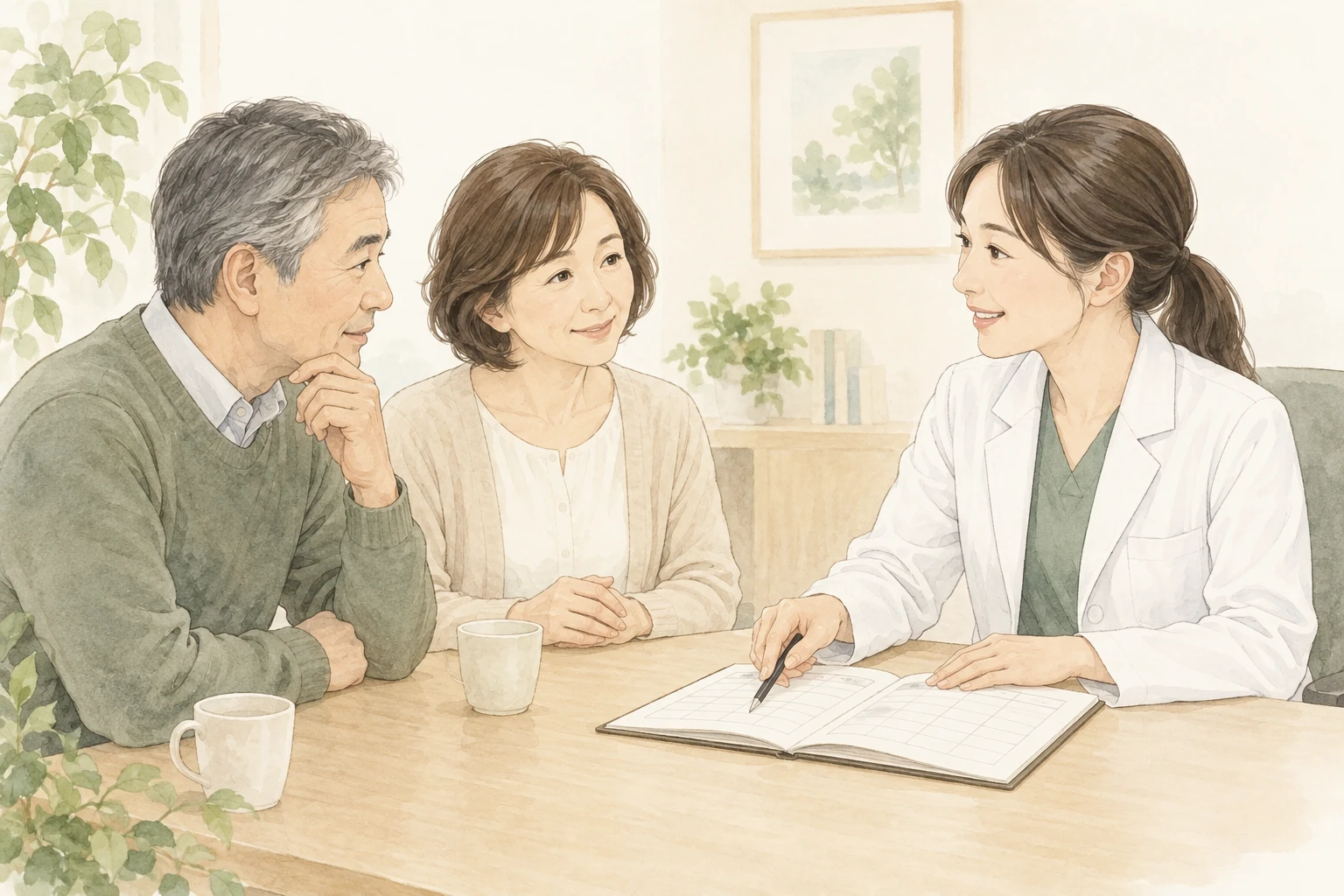 睡眠の悩みを医師に相談する夫婦のイメージイラスト