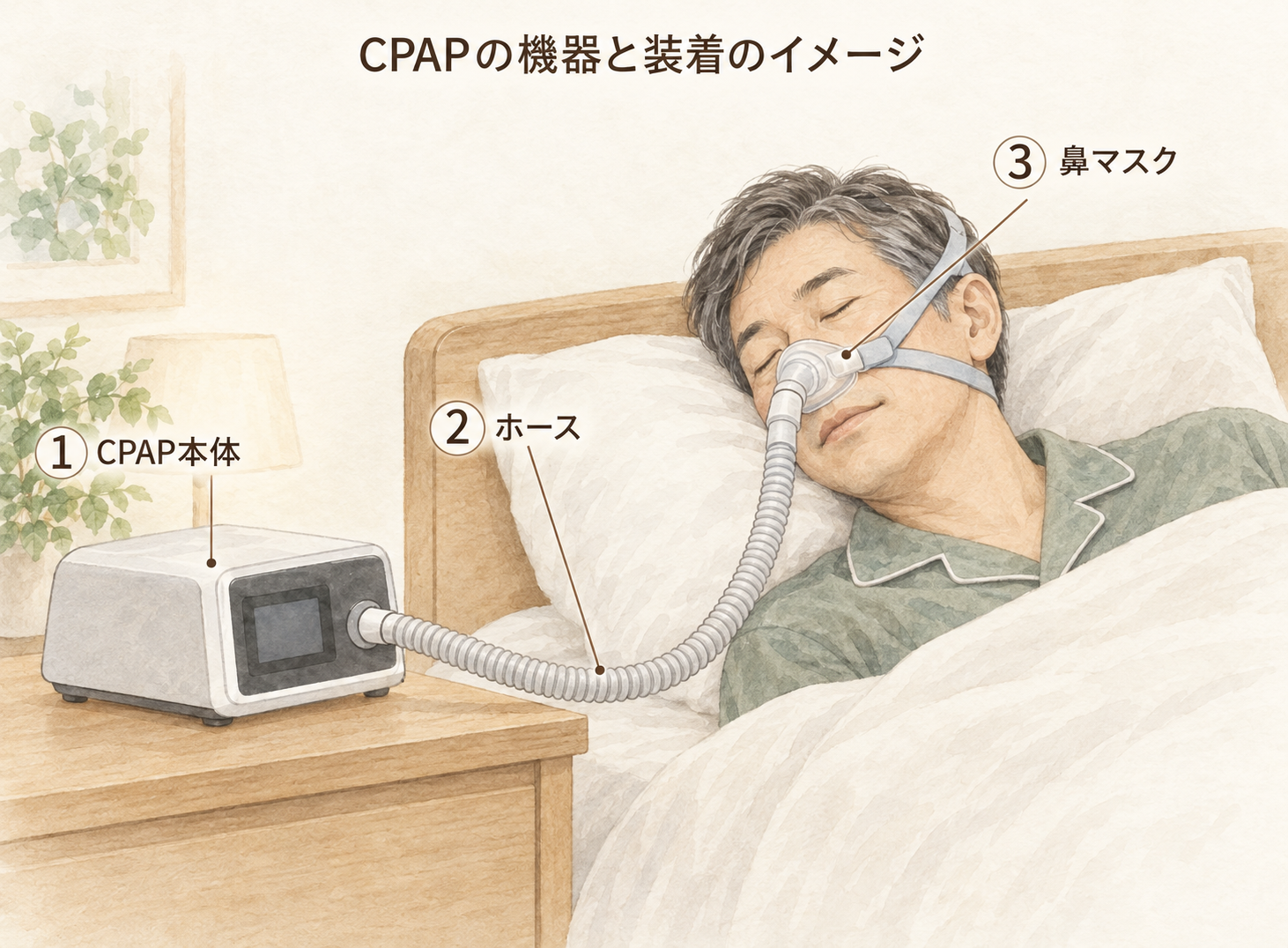 同じ眠る男性が鼻マスクを装着し、CPAP本体から1本のホースがつながる説明用イラスト。口はマスクの外にあります。